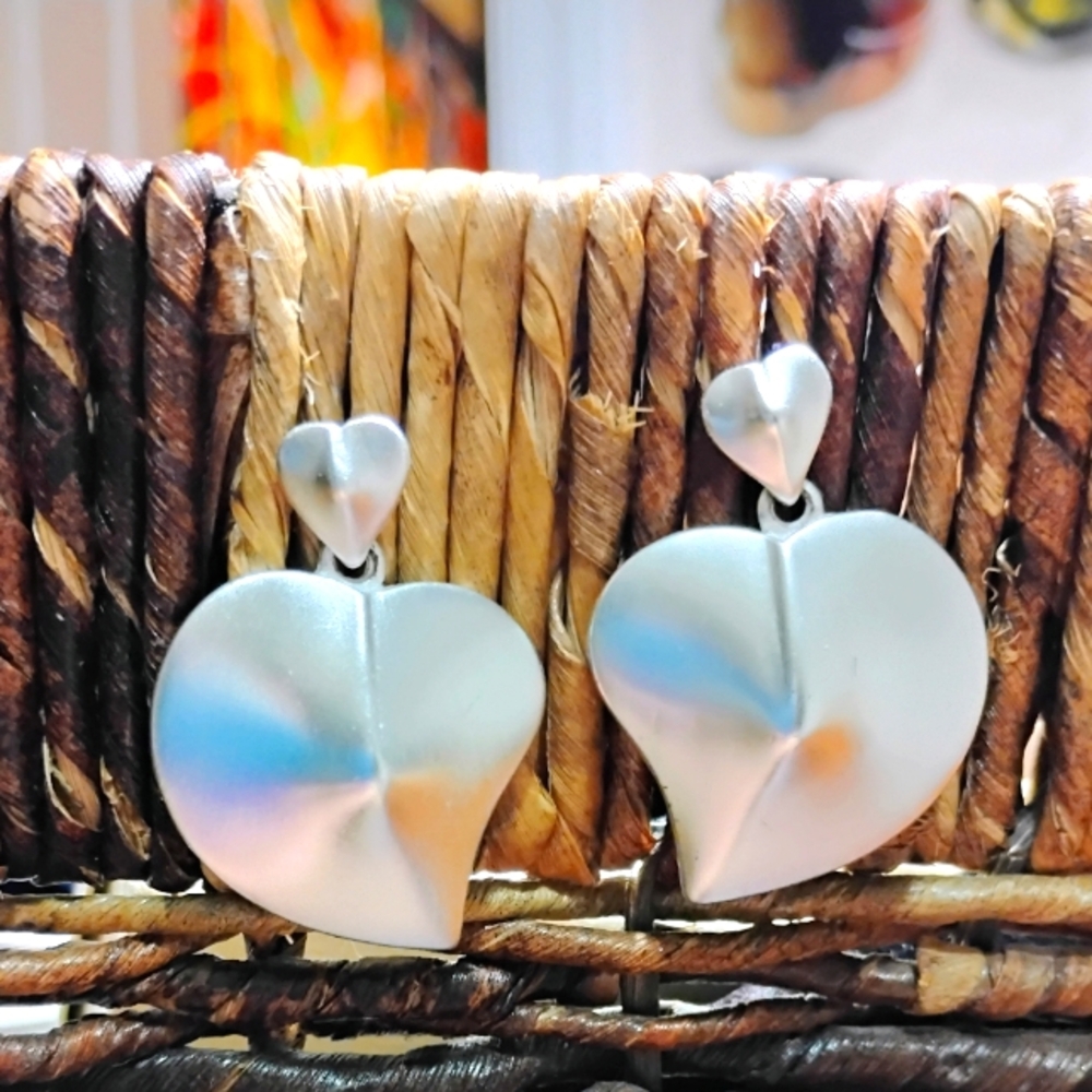 Brushed Silver Heart Earrings